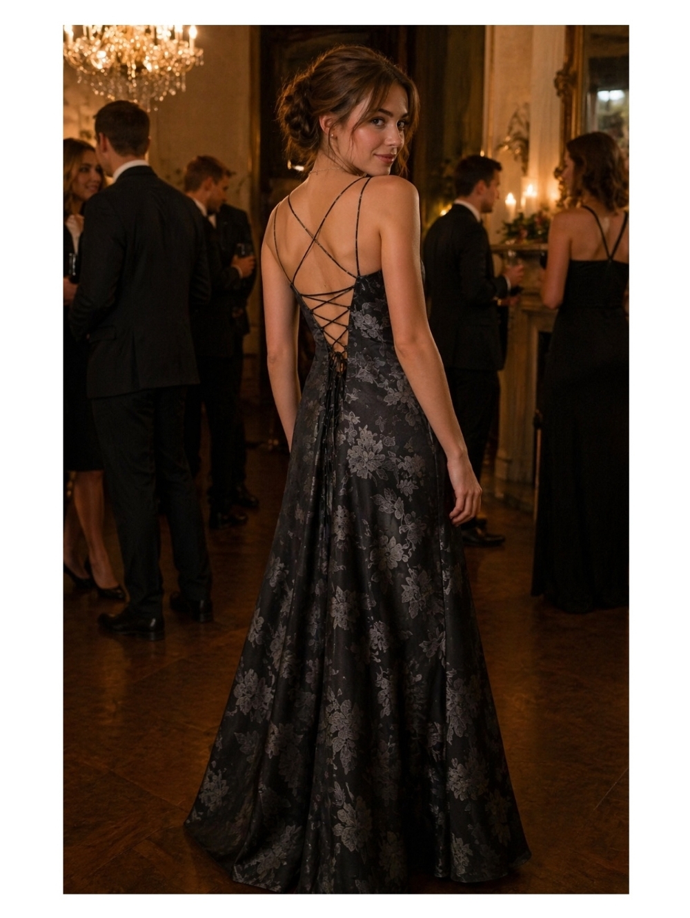 VTG Adrianna Papell Y2K Black Floral Gown Lace-Up Back Satin Evening Dress Whims